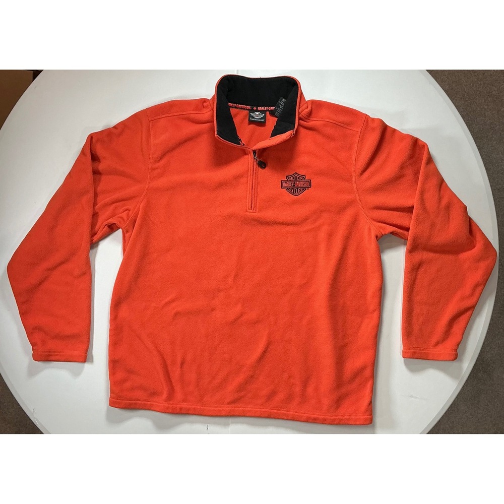 Harley Davidson Fleece Pullover XL Orange Quarter Zip Embroidered Logo Biker